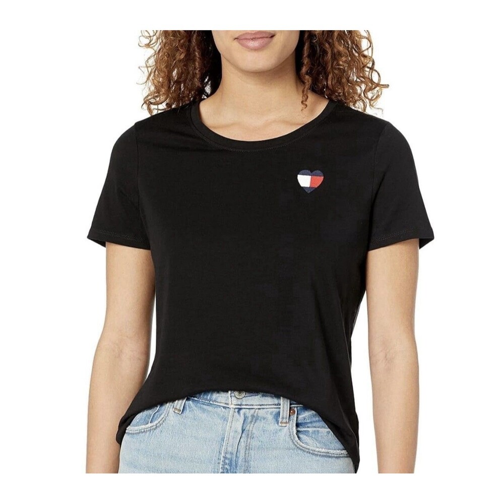 Tommy Hilfiger Womens S Embroidered Heart T Shirt Black Pullover Crewneck Tee